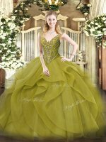 Olive Green Sleeveless Floor Length Beading and Ruffles Lace Up 15th Birthday Dress