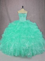 Sophisticated Beading and Ruffles Ball Gown Prom Dress Turquoise Lace Up Sleeveless Floor Length