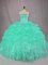 Sophisticated Beading and Ruffles Ball Gown Prom Dress Turquoise Lace Up Sleeveless Floor Length