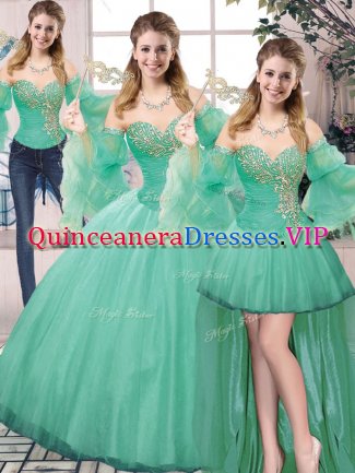 Turquoise Tulle Lace Up Sweetheart Sleeveless Floor Length Vestidos de Quinceanera Beading