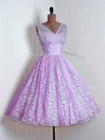 Comfortable Lilac Court Dresses for Sweet 16 Prom and Party and Wedding Party with Lace V-neck Sleeveless Lace Up