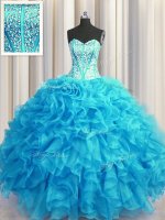 Dramatic Visible Boning Bling-bling Baby Blue Ball Gowns Organza Sweetheart Sleeveless Beading and Ruffles Floor Length Lace Up Quinceanera Dresses