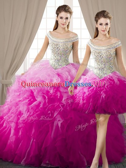 Three Piece Off the Shoulder Sleeveless Floor Length Beading and Ruffles Lace Up Vestidos de Quinceanera with Fuchsia - Click Image to Close