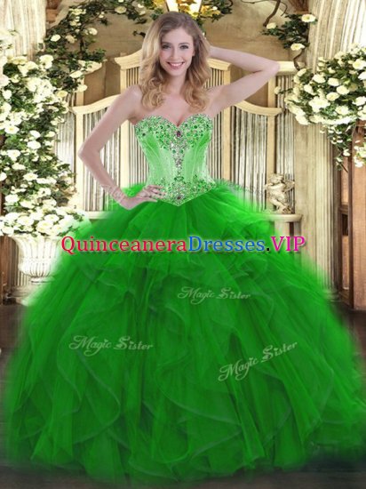 Green 15 Quinceanera Dress Sweet 16 and Quinceanera with Beading and Ruffles Sweetheart Sleeveless Lace Up - Click Image to Close