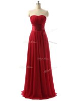 Wine Red Chiffon Lace Up Sweetheart Sleeveless Floor Length Quinceanera Court of Honor Dress Ruching