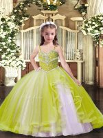 Floor Length Yellow Green Girls Pageant Dresses Straps Sleeveless Lace Up