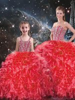 Amazing Sweetheart Sleeveless Quince Ball Gowns Floor Length Beading and Ruffles Coral Red Organza