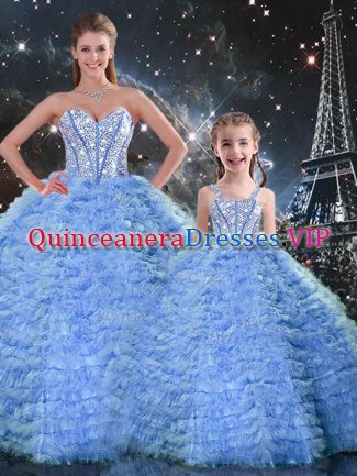 Designer Sweetheart Sleeveless Sweet 16 Dresses Floor Length Beading and Ruffles Blue Tulle