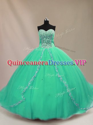 Attractive Sleeveless Tulle Court Train Lace Up Quinceanera Dress in Turquoise with Beading