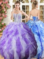 Exquisite Sleeveless Organza Floor Length Lace Up Vestidos de Quinceanera in White and Purple with Beading and Ruffles