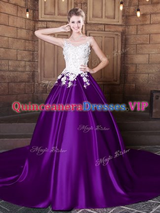 Extravagant Scoop Purple Elastic Woven Satin Lace Up Ball Gown Prom Dress Sleeveless Court Train Lace and Appliques