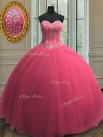 Sequins Hot Pink Sleeveless Tulle Lace Up Sweet 16 Quinceanera Dress for Military Ball and Sweet 16 and Quinceanera
