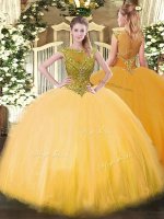 Vintage Gold Ball Gowns Tulle Scoop Sleeveless Beading Floor Length Zipper 15 Quinceanera Dress(SKU SJQDDT1195002BIZ)