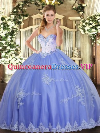 Romantic Sleeveless Tulle Floor Length Lace Up Vestidos de Quinceanera in Blue with Beading and Appliques