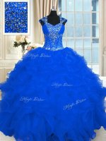 Floor Length Royal Blue Quinceanera Gown Straps Cap Sleeves Lace Up