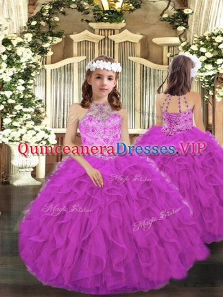Classical Sleeveless Tulle Floor Length Lace Up Little Girl Pageant Gowns in Fuchsia with Beading and Ruffles