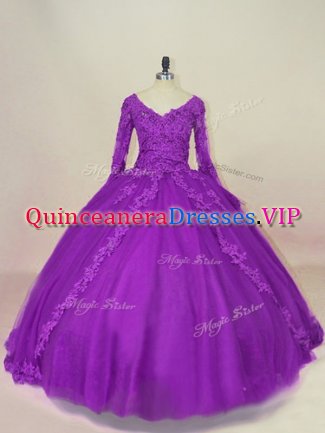 Purple Long Sleeves Appliques Floor Length Quince Ball Gowns