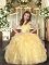 Eye-catching Floor Length Ball Gowns Sleeveless Gold Pageant Dress for Womens Lace Up