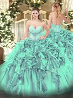 Glorious Floor Length Lace Up Vestidos de Quinceanera Turquoise for Military Ball and Sweet 16 and Quinceanera with Beading and Ruffles