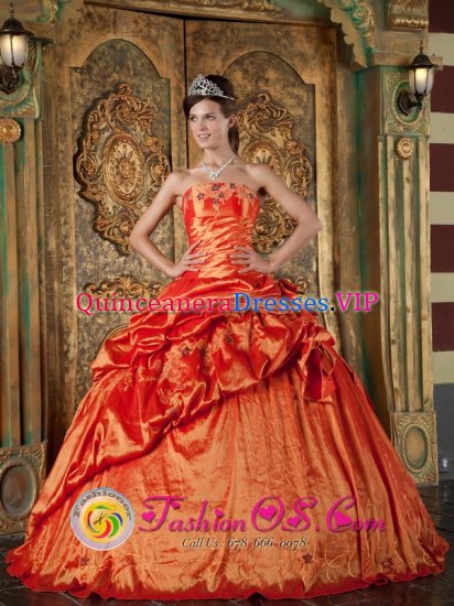 Orange Red Strapless Ball Gown Taffeta Quinceanera Dress with Appliques and Pick-ups IN Aarburg Switzerland - Click Image to Close
