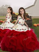 Red Lace Up Little Girls Pageant Dress Embroidery and Ruffles Sleeveless Floor Length