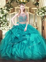 Sleeveless Floor Length Beading and Ruffles Lace Up Quinceanera Dresses with Teal