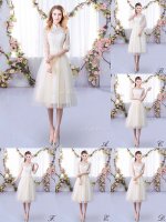 Eye-catching Champagne High-neck Neckline Lace Dama Dress for Quinceanera Half Sleeves Lace Up