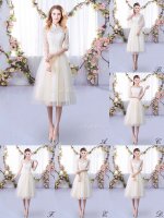 Eye-catching Champagne High-neck Neckline Lace Dama Dress for Quinceanera Half Sleeves Lace Up(SKU BMT0454BIZ)