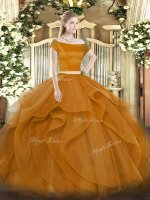Superior Brown Two Pieces Off The Shoulder Short Sleeves Tulle Floor Length Zipper Appliques and Ruffles Sweet 16 Dresses