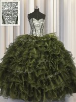 Suitable Visible Boning Olive Green Sweetheart Neckline Ruffles and Sequins Sweet 16 Quinceanera Dress Sleeveless Lace Up