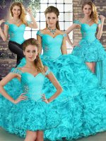 Aqua Blue Ball Gowns Off The Shoulder Sleeveless Organza Floor Length Lace Up Beading and Ruffles Sweet 16 Dresses