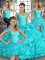Aqua Blue Ball Gowns Off The Shoulder Sleeveless Organza Floor Length Lace Up Beading and Ruffles Sweet 16 Dresses