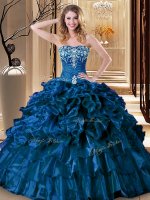 Most Popular Royal Blue Sleeveless Floor Length Embroidery and Ruffles Lace Up 15th Birthday Dress