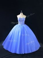 Blue Tulle Lace Up Sweetheart Sleeveless Floor Length Sweet 16 Dresses Beading