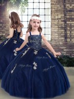 Ball Gowns Glitz Pageant Dress Navy Blue Straps Tulle Sleeveless Floor Length Lace Up