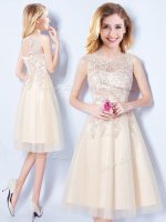 Scoop Sleeveless Tulle Knee Length Lace Up Dama Dress for Quinceanera in Champagne with Appliques