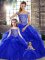 Exquisite Off The Shoulder Sleeveless Brush Train Lace Up Quinceanera Dress Royal Blue Tulle