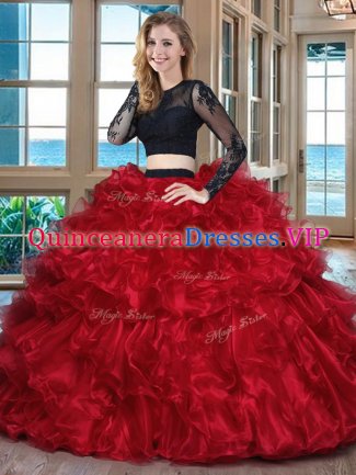 Custom Fit Black and Red Organza Backless Scoop Long Sleeves Floor Length Quinceanera Dress Ruffles