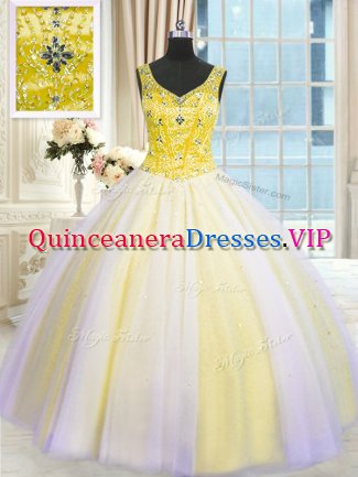 Modest Multi-color Tulle Lace Up V-neck Sleeveless Floor Length Quince Ball Gowns Beading and Sequins