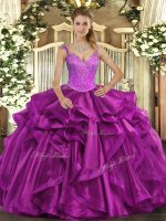 Fuchsia Quince Ball Gowns Military Ball and Sweet 16 and Quinceanera with Beading and Ruffles Straps Sleeveless Lace Up