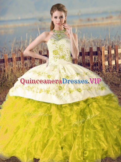 Hot Sale Sleeveless Organza Court Train Lace Up Quinceanera Dresses in Yellow Green and Yellow with Embroidery and Ruffles - Click Image to Close