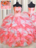 Luxurious Sleeveless Organza Floor Length Lace Up Quince Ball Gowns in Pink And White with Beading and Ruffles and Hand Made Flower