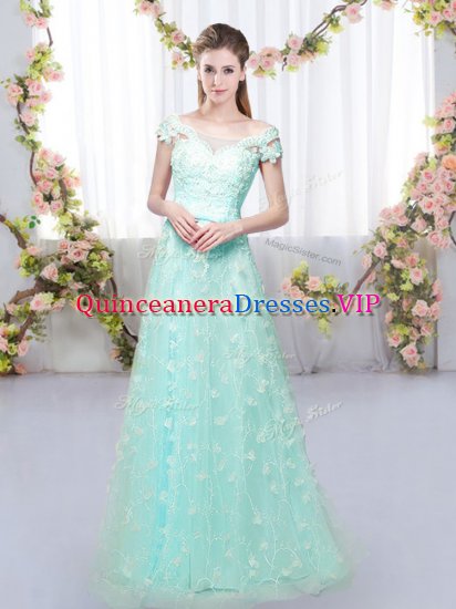 Simple Cap Sleeves Tulle Floor Length Lace Up Damas Dress in Apple Green with Appliques - Click Image to Close