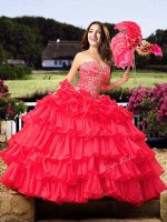 Dazzling Sleeveless Organza Floor Length Lace Up Sweet 16 Dresses in Coral Red with Beading and Ruffled Layers(SKU XBQD070BIZ)