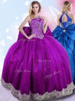 Flirting Halter Top Sleeveless Lace Up Floor Length Beading and Bowknot Ball Gown Prom Dress