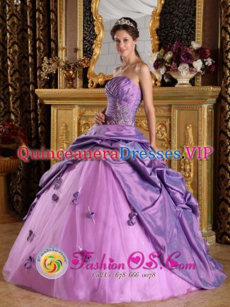 Newry Armagh Hand Made Flowers Appliques Stylish Lavender Quinceanera Dress For Strapless Taffeta Ball Gown