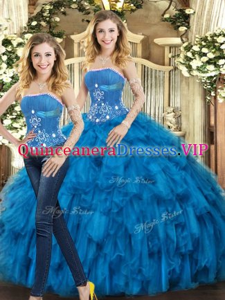 Customized Blue Two Pieces Tulle Strapless Sleeveless Beading and Ruffles Floor Length Lace Up Vestidos de Quinceanera