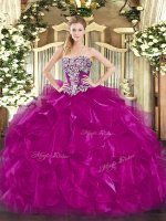 Free and Easy Fuchsia Lace Up Quinceanera Gowns Beading and Ruffles Sleeveless Floor Length