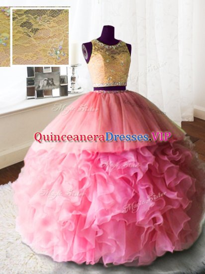 High Quality Scoop Rose Pink Sleeveless With Train Beading and Lace and Ruffles Zipper 15th Birthday Dress - Click Image to Close