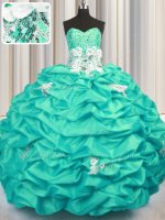 Edgy Sleeveless With Train Appliques and Sequins and Pick Ups Lace Up Sweet 16 Dresses with Turquoise Brush Train